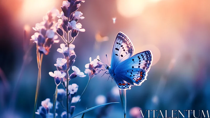 Blue butterfly resting on wildflower at glowing sunset.