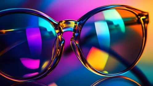 Close-up of stylish round glasses with vibrant neon reflections.