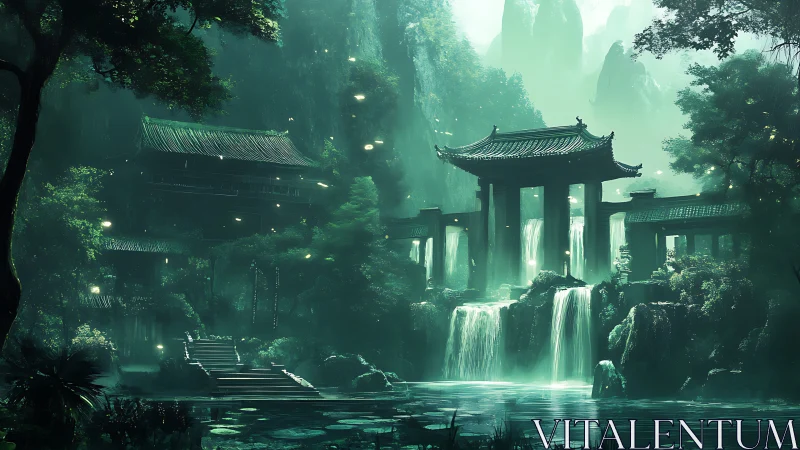Emerald-lit temple complex integrates waterfalls and misty karst cliffs