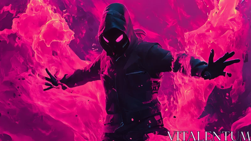 Neon hooded phantom conjures wild electric magenta firestorm.