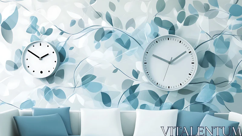 Minimal wall clocks on teal leaf mural above sofa decor.
