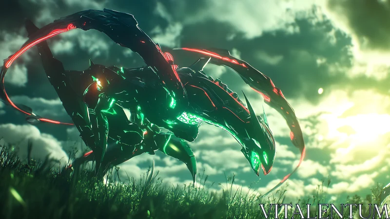 Mechanical dragon construct stands in backlit atmospheric field