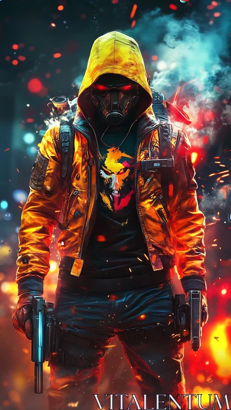 Hooded cyberpunk gunman stands in glowing embers and smoke