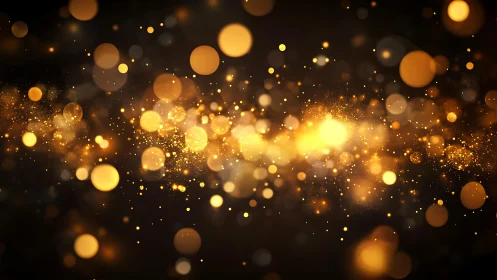 Glowing golden bokeh lights on dark background in festive abstract style.