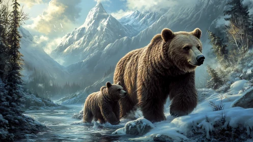 Brown bears cross icy river below towering alpine peaks