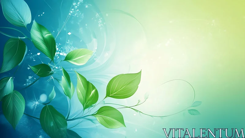 Digital painting of luminous green leaves on teal gradient field.
