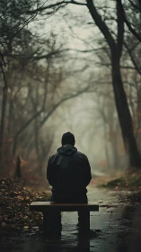 Solitary hooded figure on wet forest path in diffuse foggy light.