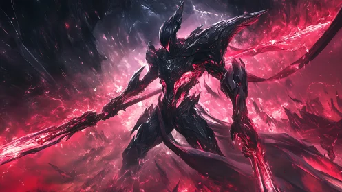 Armored alien warrior stands in red energy storm