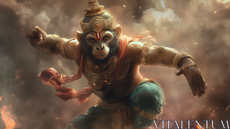 Mythic warrior monkey leaping through smoke and fire.