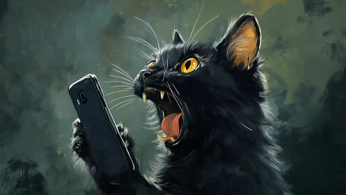 Black cat yelling at smartphone in stylized digital art.