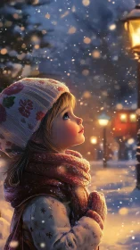 Young girl in winter lamplight with detailed bokeh snowfall rendering