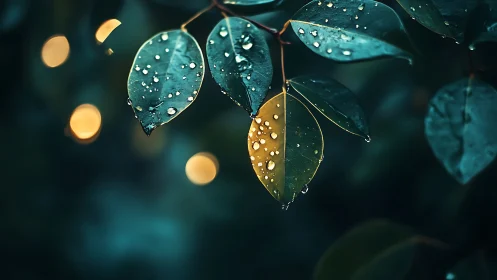 Gentle raindrops linger on glowing leaves in evening calm