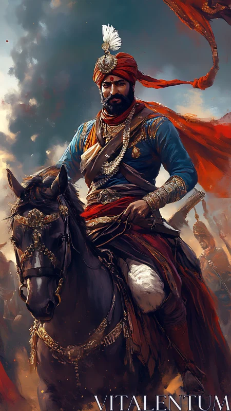 Warrior king on armored horse leads charge through smoke