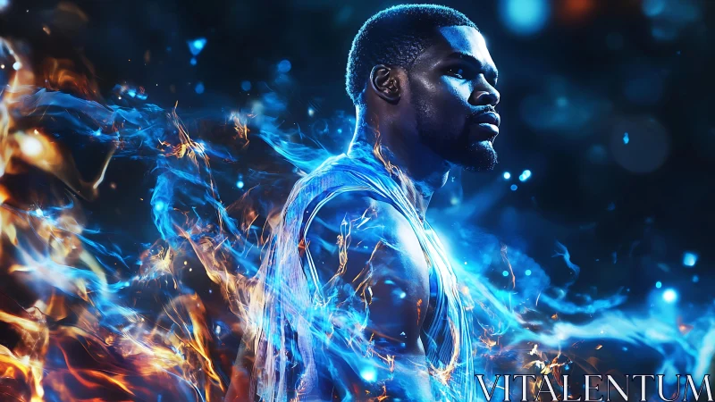 Male athlete portrait in blue-orange elemental energy vortex