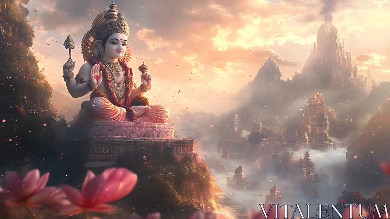 Large seated deity statue above misty temple valley at dawn.
