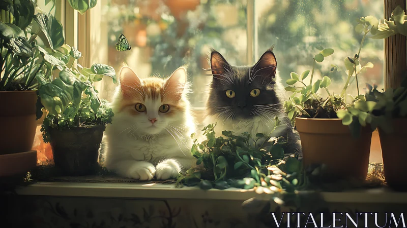 Two Cats Among Potted Plants in Sunlit Window Scene.