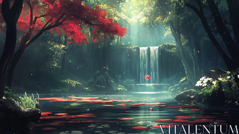 Tranquil forest waterfall with red leaves and lily pads.