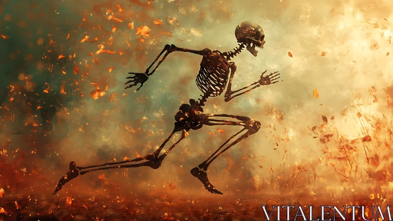 Human skeleton in running pose amid drifting fiery debris.