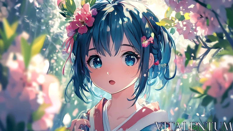 Blue haired anime girl in luminous floral bokeh garden portrait