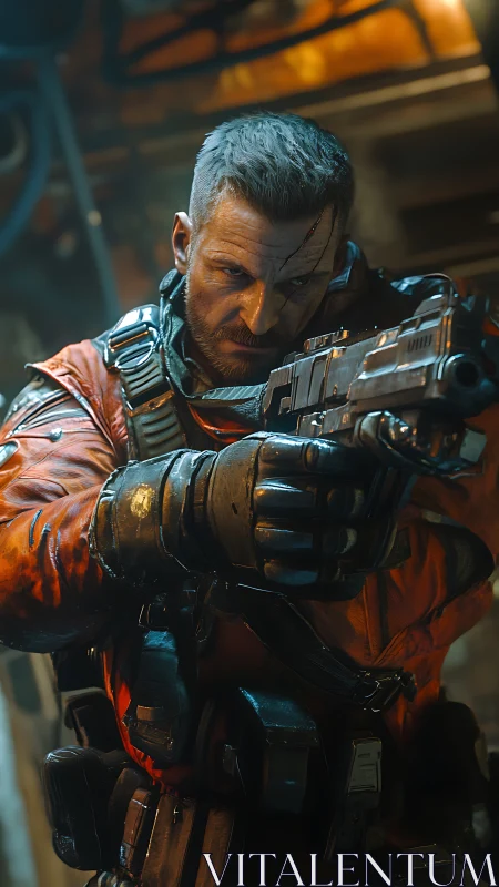 Battle-hardened sci fi soldier aiming rifle in combat