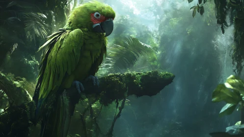 Emerald parrot resting on mossy jungle branch in mist.