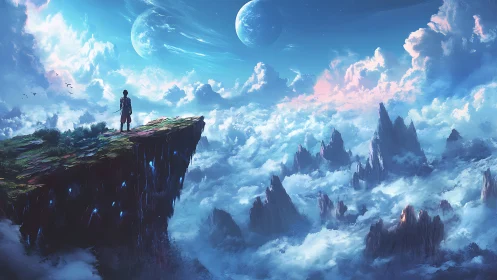 Solitary figure on levitating cliff above cloud ocean and twin moons