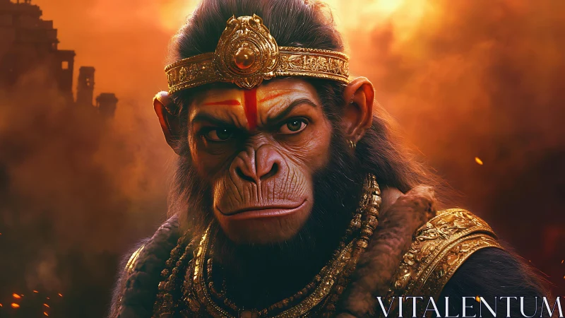 Regal monkey warrior in ornate gold armor against firelit sky.