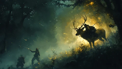 Warrior figures confront mounted archer on stag in dense forest