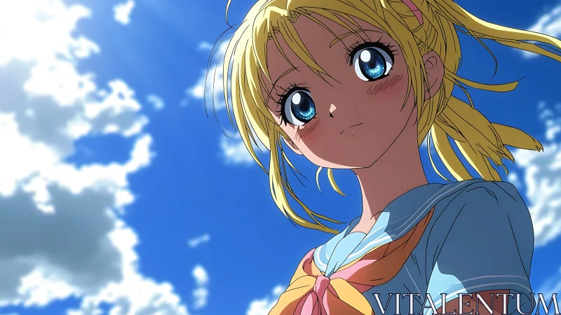 Anime girl gazes at a bright summer sky in quiet wonder