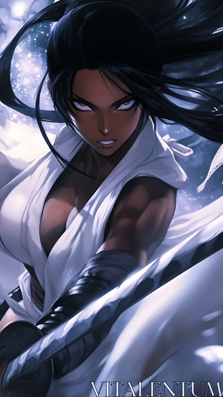 Fierce dark skinned swordswoman in white battle robes.