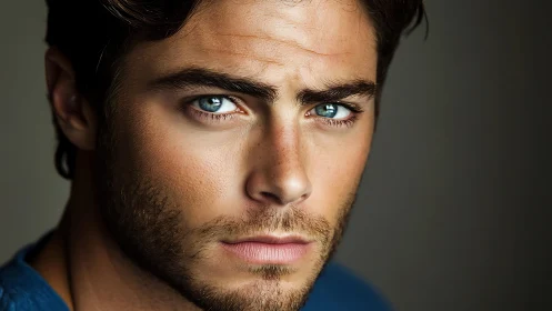Intense blue-eyed male portrait in soft studio light.