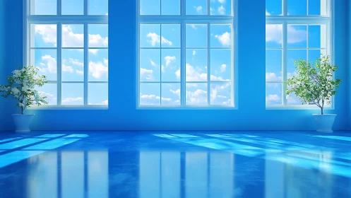 Sunlit blue interior shows large windows and reflective floor