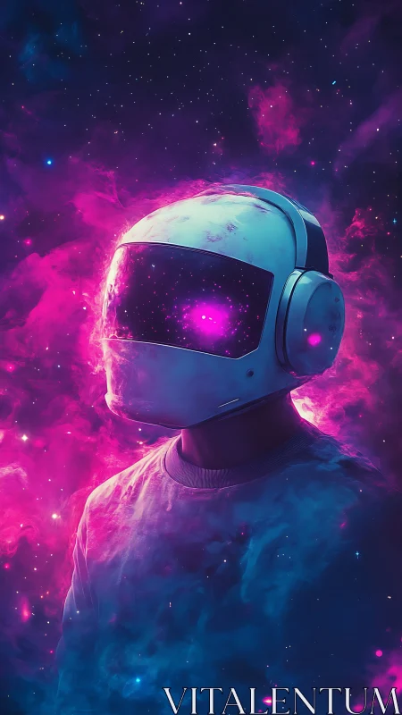 Astronaut silhouette in neon pink and blue cosmic clouds.