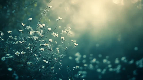 Wild meadow flowers catch soft dawn light through mist