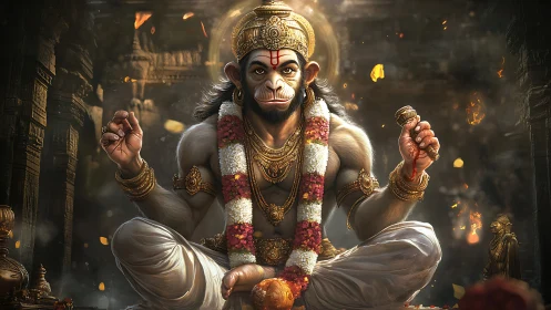 Radiant monkey deity in golden garlands of quiet thunder.