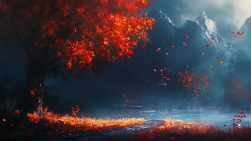 Autumn maple tree by misty alpine lake under stormy sky