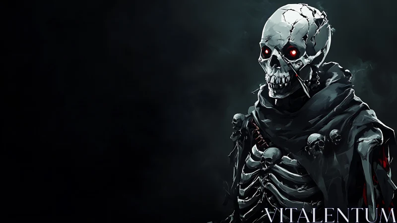 Armored skeletal warlord with glowing red eyes in shadows