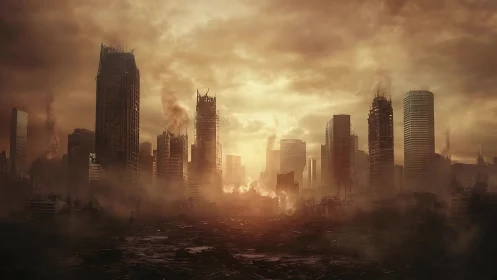 Post-apocalyptic city skyline in heavy smoke and ruins.