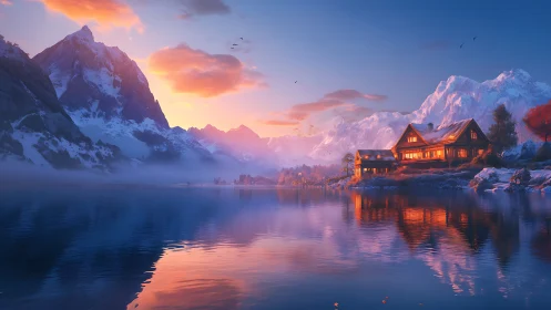 Mountain lake chalet glows under vivid winter sunset light