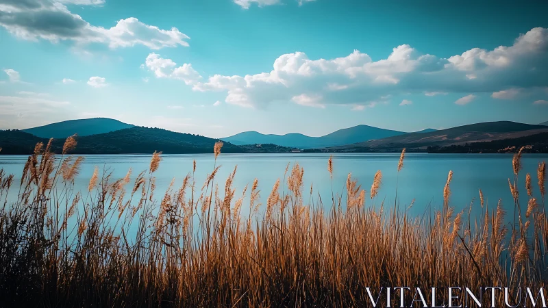 Photorealistic lakeside panorama with golden reeds foreground.
