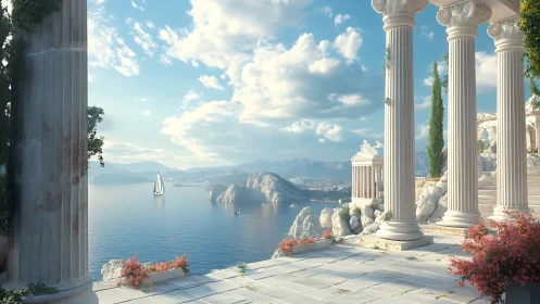 Sunlit marble colonnade overlooks tranquil coastal bay