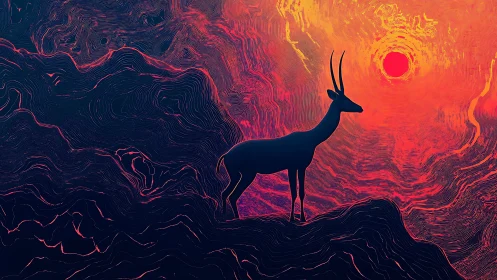 Silhouetted antelope stands against layered abstract sunset