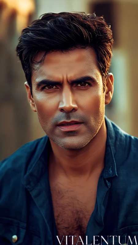 Sunlit gaze of a rugged wanderer in teal denim focus.