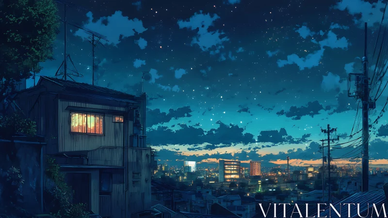 Urban hillside at dusk with illuminated window and skyline.