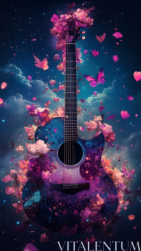 Floral nebula acoustic guitar with particulate bloom dynamics