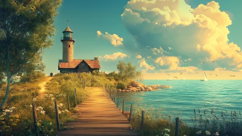 Coastal Lighthouse Discovery Along a Peaceful Wooden Path