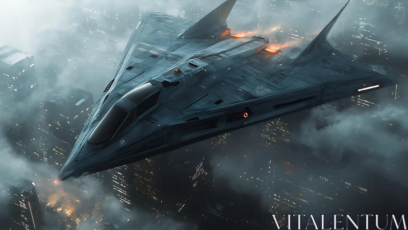 Nocturnal stealth cruiser skims neon fog above citynight.