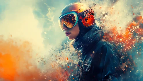 Futuristic pilot portrait in explosive bokeh color field.