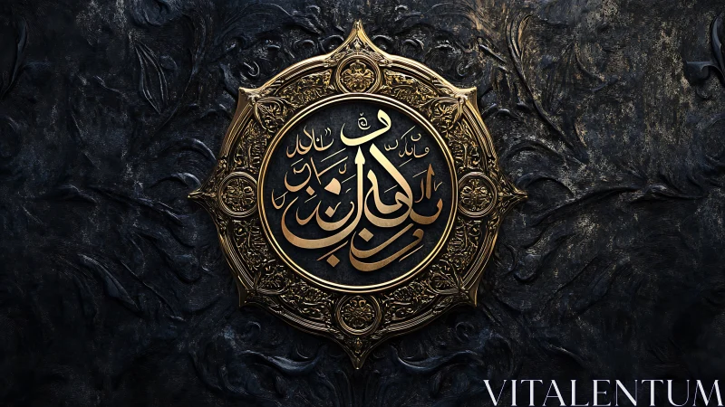 Ornate gold Arabic calligraphy medallion on dark relief wall.