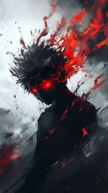 Fiery-eyed shadow figure emerges from swirling smoke and ash